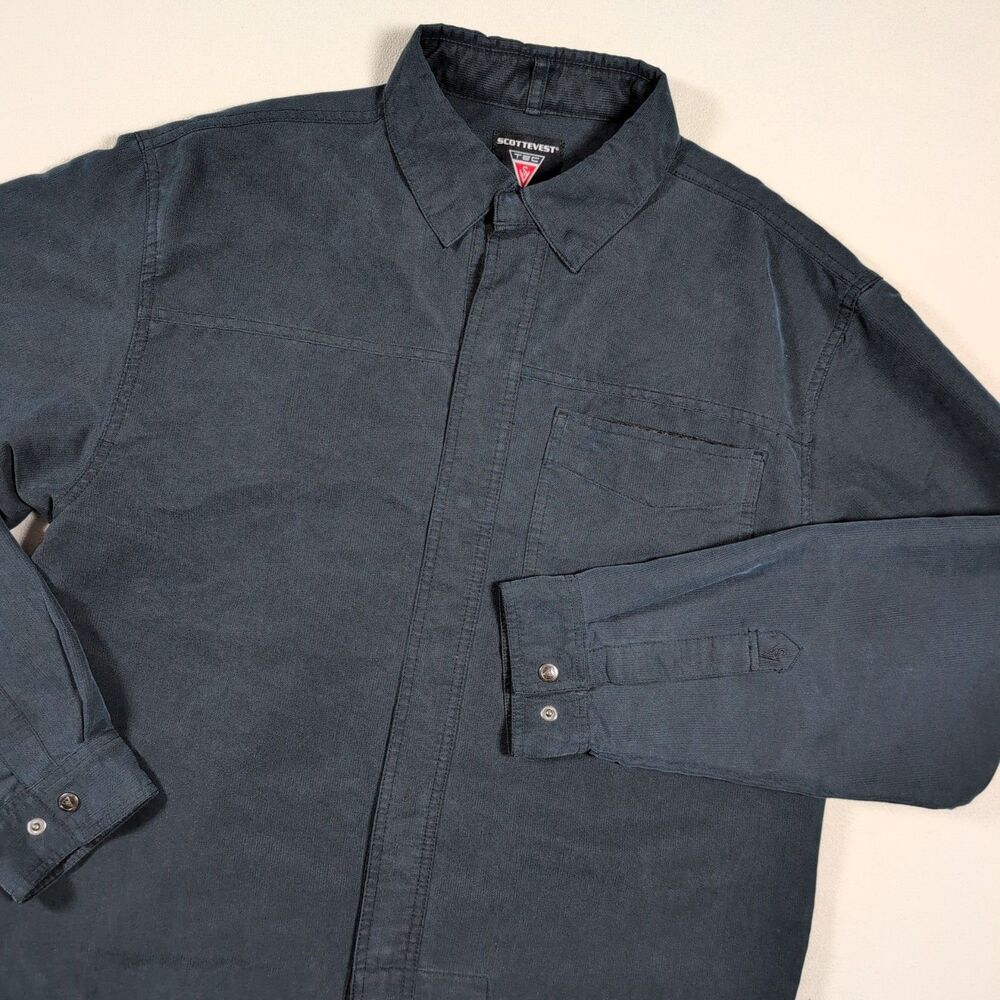 Scottevest Tec Long Sleeve Shirt Size M Blue Snap Button Workwear Multi Pockets
